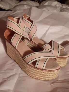 Tory Burch Frieda  Pink Striped Platform Espadrille Wedges Sz 8.5M